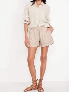Old Navy Tan High Waisted Linen Blend Shorts Large Coastal Comfort Pockets Summe